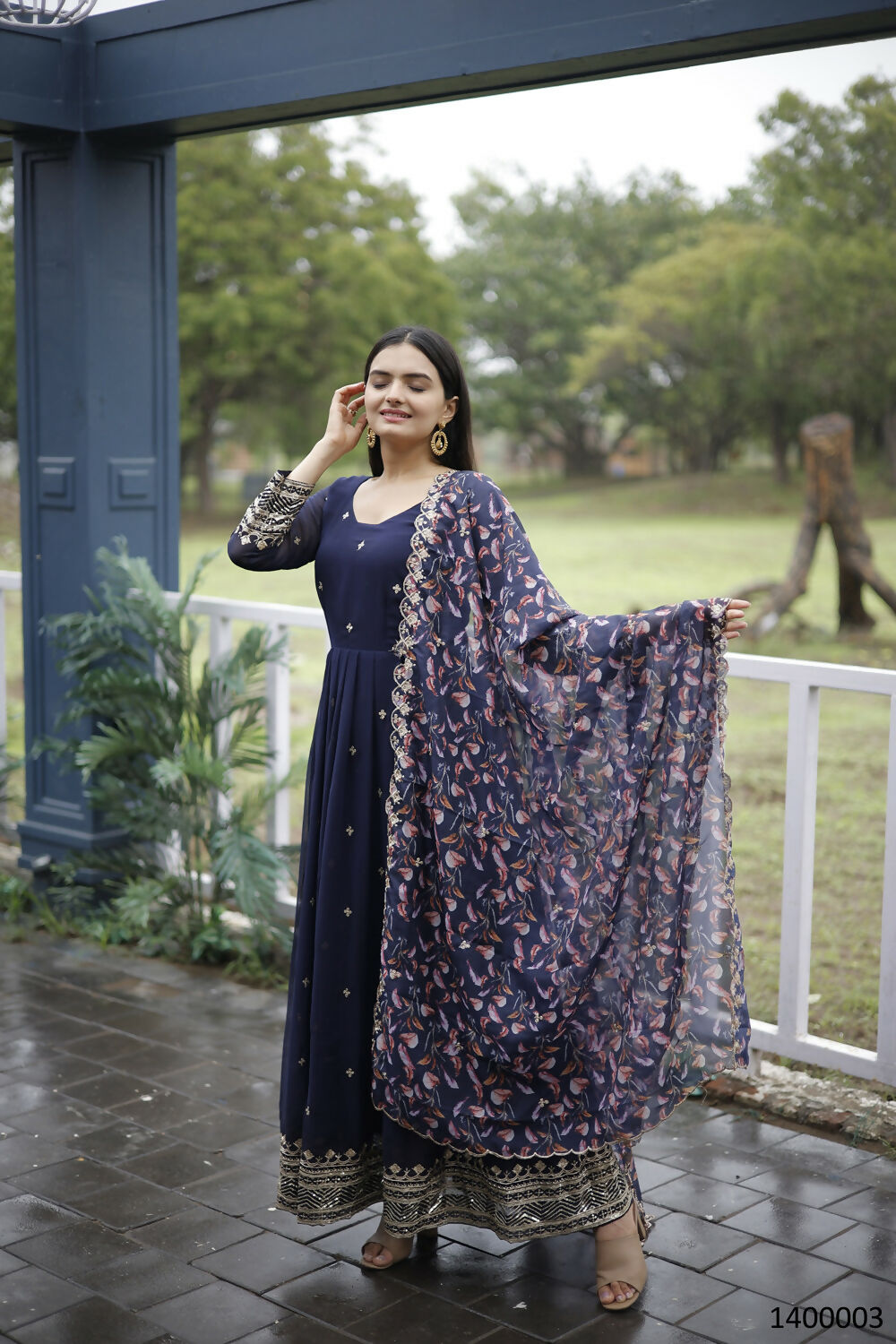 Aayaa Designer Embroidery Zari Sequins-Work Faux Blooming Georgette Suit - Navy Blue