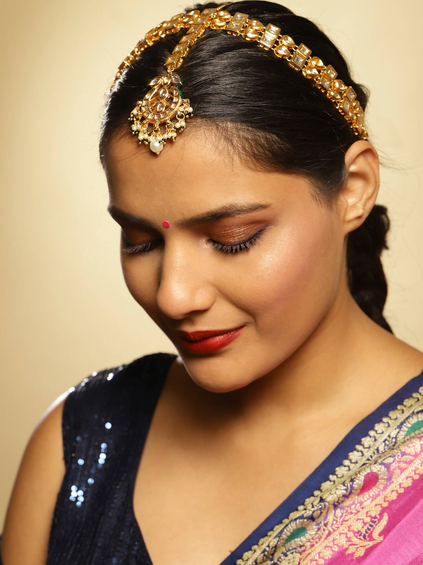 Gold-Polished White Green Kundan-Studded Pearl Beaded Matha Patti - Ruby Raang