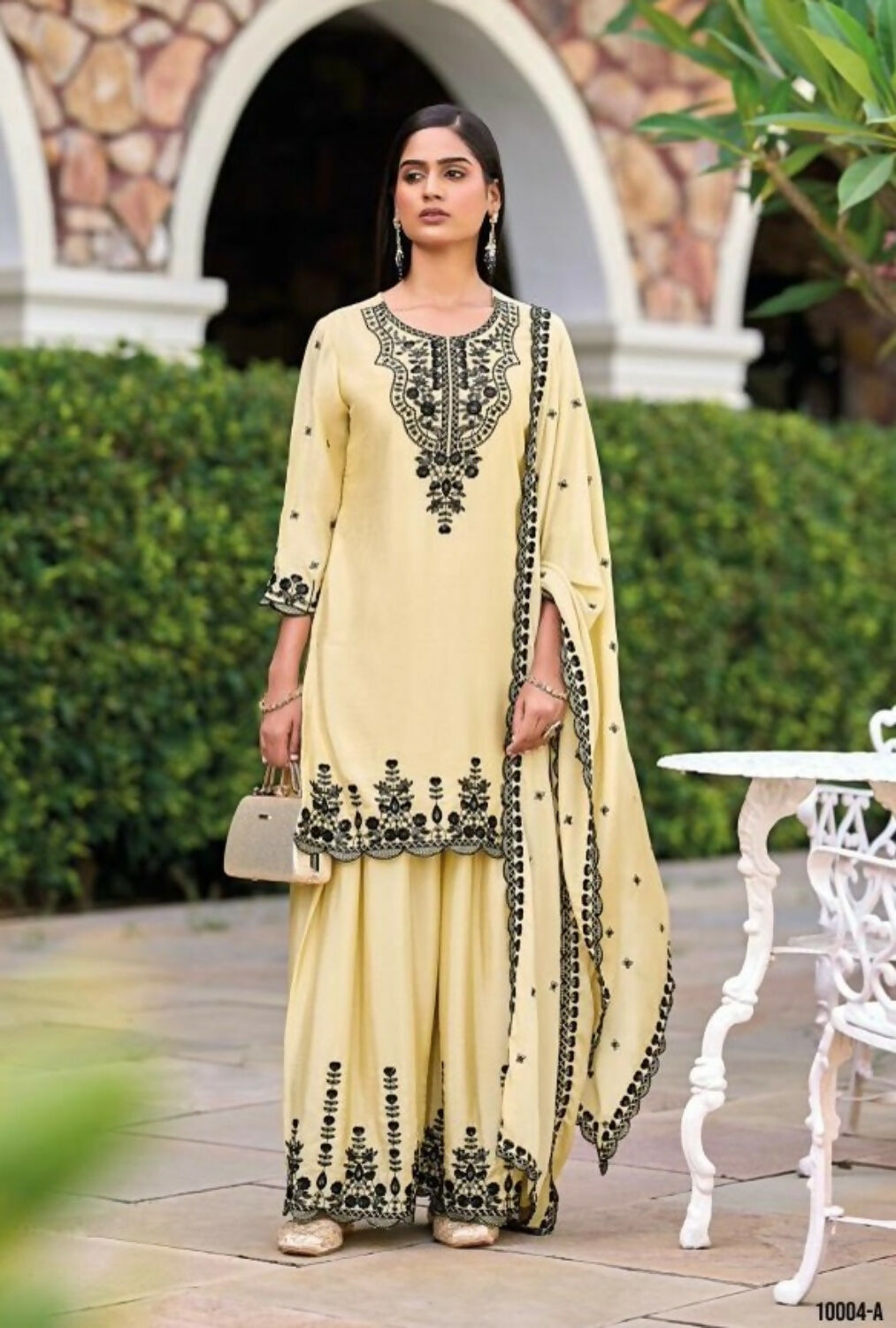 Anaita Beige Chinon Readymade Palazzo Suit with Heavy Embroidery Work