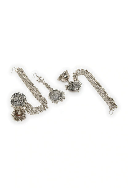 Mominos Fashion Johar Kamal Bahubali Silver Colour Earrings With Tikka
