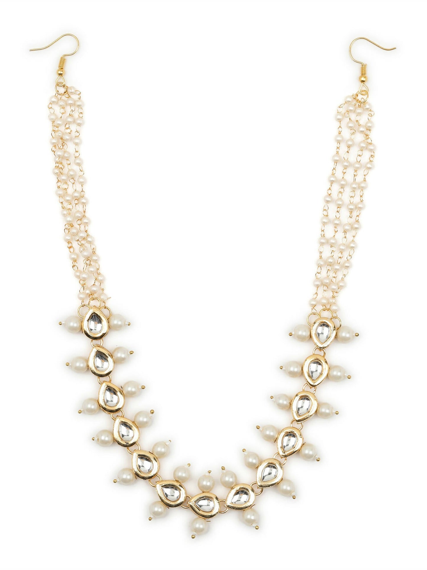 Gold-Polished White Kundan-Studded Pearl Beaded Hair Band - Ruby Raang