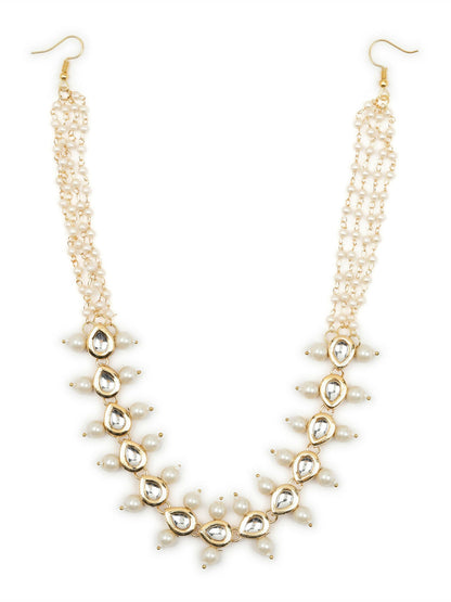 Gold-Polished White Kundan-Studded Pearl Beaded Hair Band - Ruby Raang