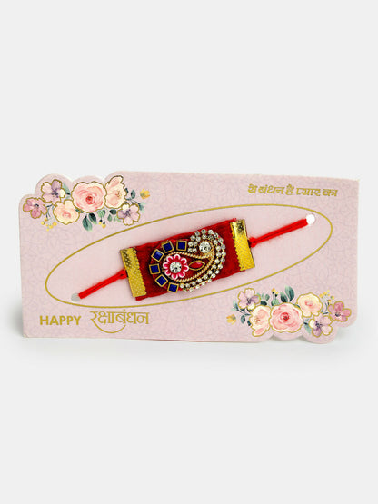 NVR Men Red Stone-Studded Rakhi With Roli Chawal