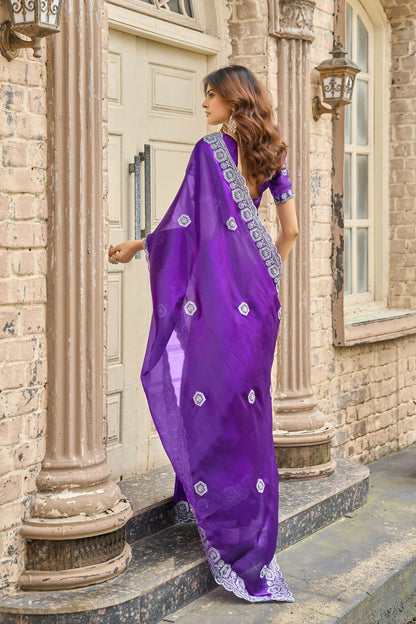 Vastranavya Purple-Blue Embroidery Work Shimmer Chiffon Saree with Unstitched Blouse