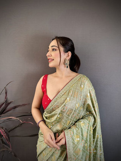 Elora Sage Green Vichitra Silk Animal Motifs Foil Print Sequence Embroidery Work Bandhani Saree