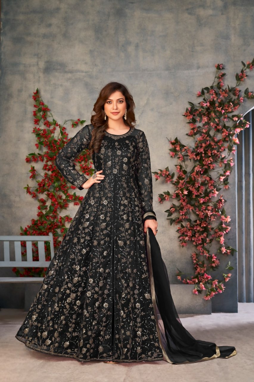 Anaita Black Embroidered Net Stitched Anarkali suit
