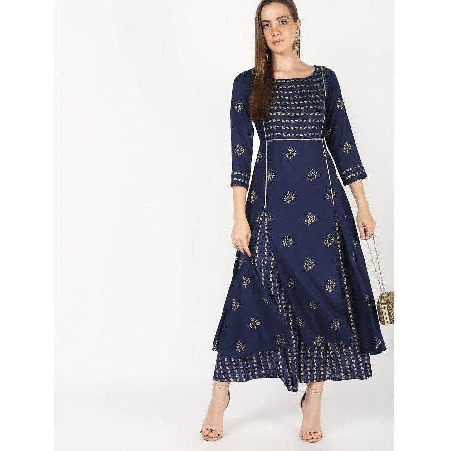 Cheera Flair A-Line Kurta With Front Slit Cut With Kalidar Palazzo With Foil Print (CH044K)