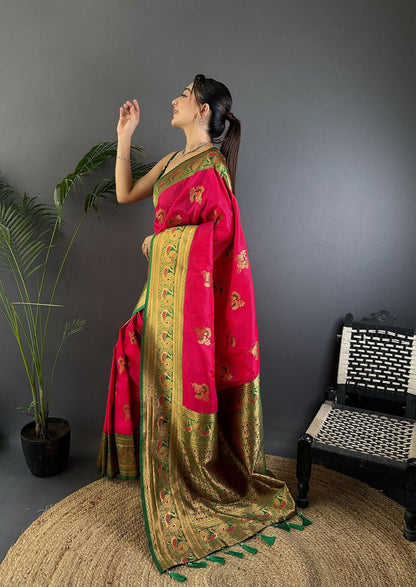 Joban Fashion Banarasi Red Woven Soft Silk Saree
