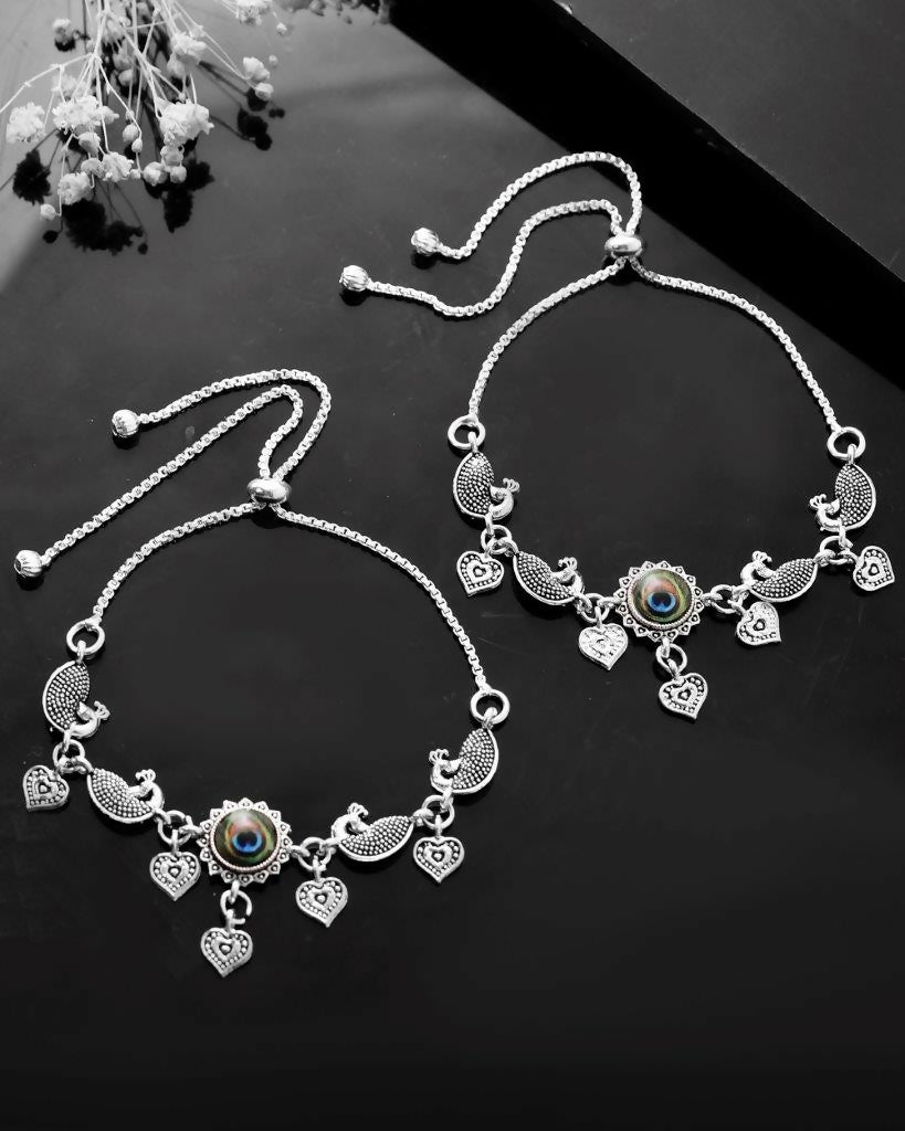 VOJ Set Of 2 Silver Plated Peacock Handcrafted Anklets
