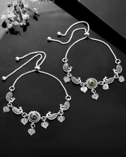 VOJ Set Of 2 Silver Plated Peacock Handcrafted Anklets