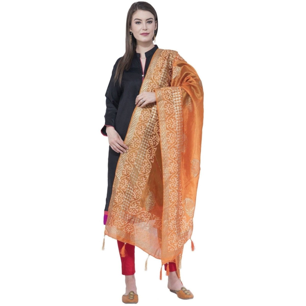 A R Silk Orange Color Silk Pahadi Print Dupattas and Chunnis