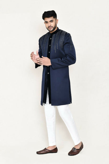 Joban Fashion Blue Colored Velvet Fabric Open Jacket, Indo Western With Straight Fit Pant
