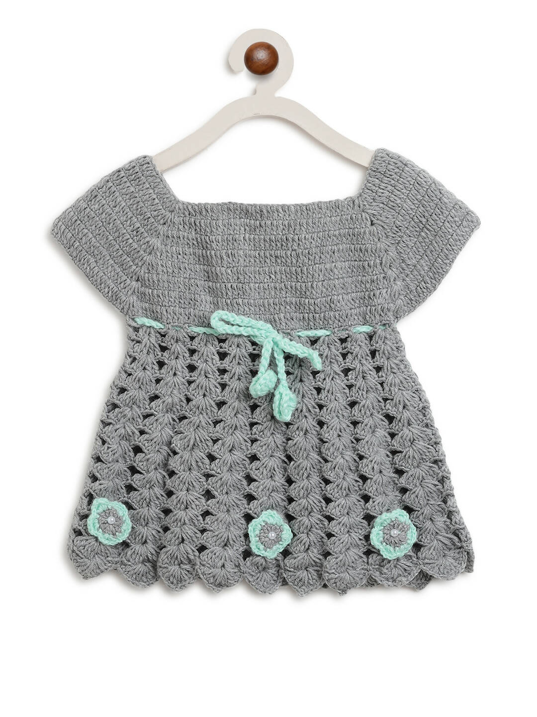 ChutPut Hand knitted Crochet Maharani Wool Dress For Baby Girls - Green