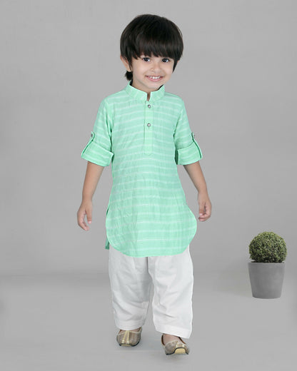 Joban Fashion Kids Island Cotton Full Sleeves Striped Kurta and Pyjama- Sea Green