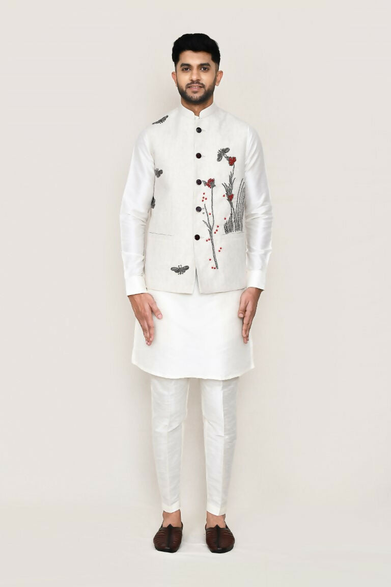 Joban Fashion White Colored Art Silk Fabric Kurta, Jacket With Straight Fit Pant