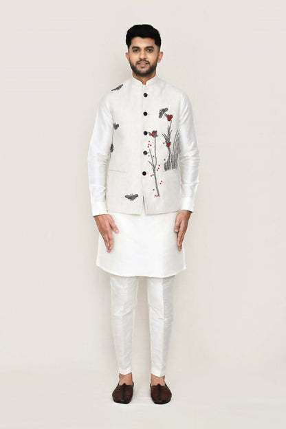 Joban Fashion White Colored Art Silk Fabric Kurta, Jacket With Straight Fit Pant