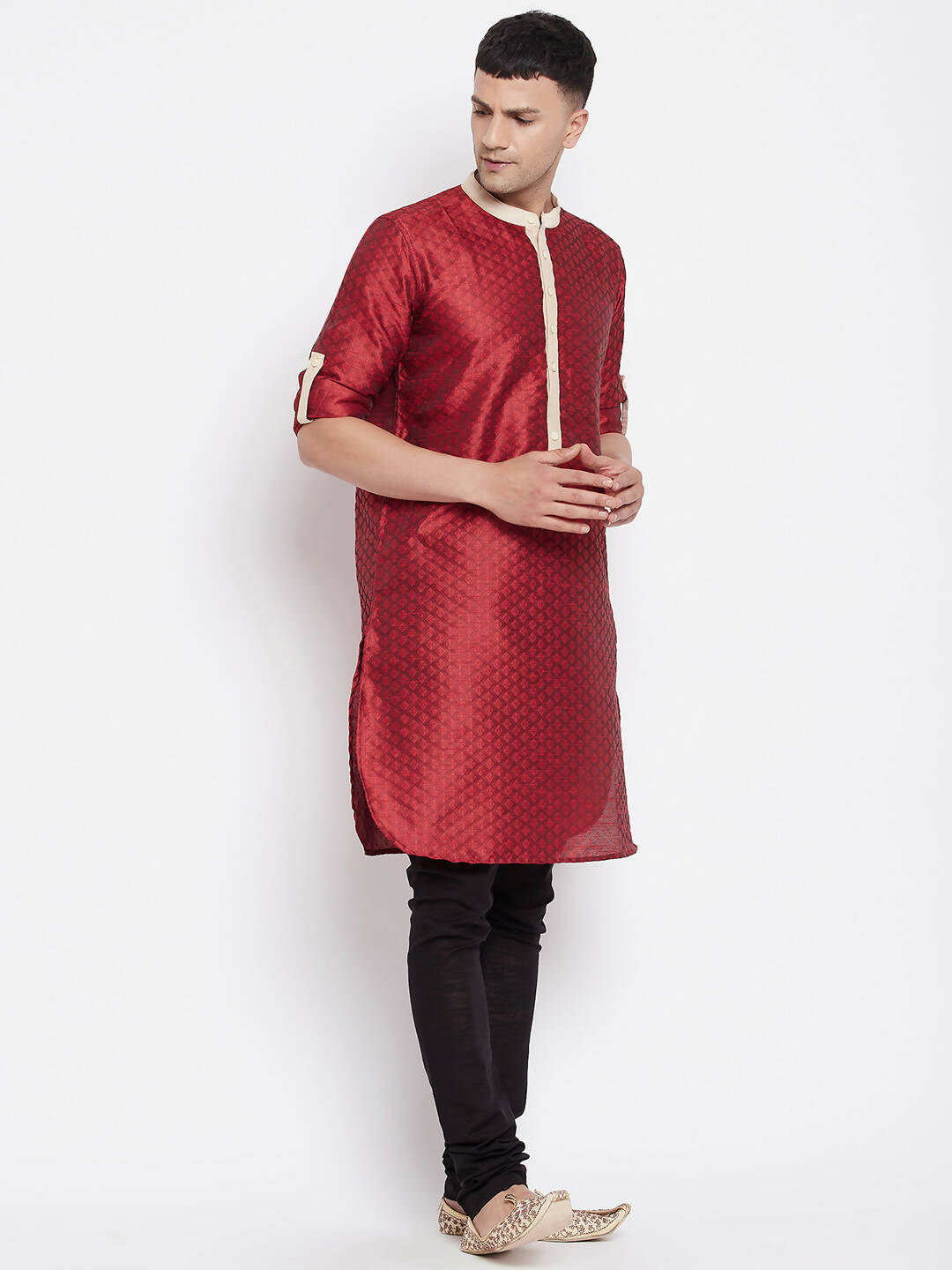Even Apparels Red Art Silk Men's Kurta With Contrast Collar And Placket