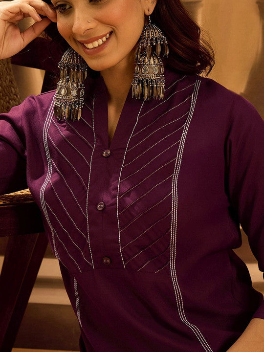 Sangria Pleated Mandarin Collar Straight Kurta