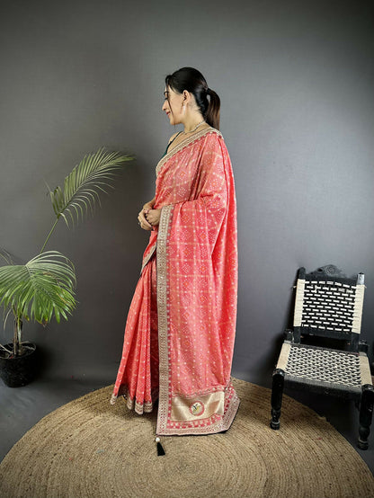 Joban Fashion Baby Pink Bandhej Bandhani Vichitra Silk Bandhani Prints Saree