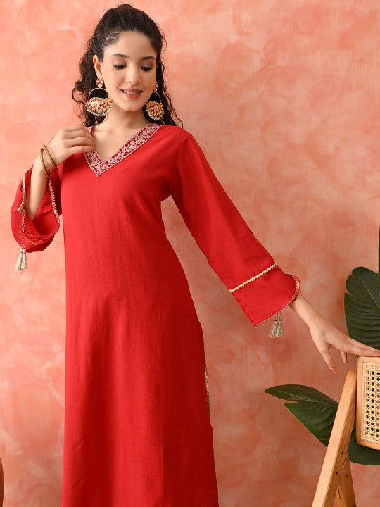 Sangria Women Floral Embroidered Cotton Kurta with Palazzo