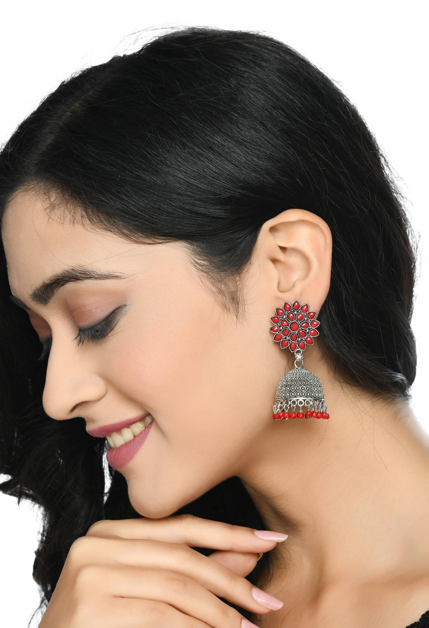 Mominos Fashion Johar Kamal Kundan Work Jhumka With Red Beads