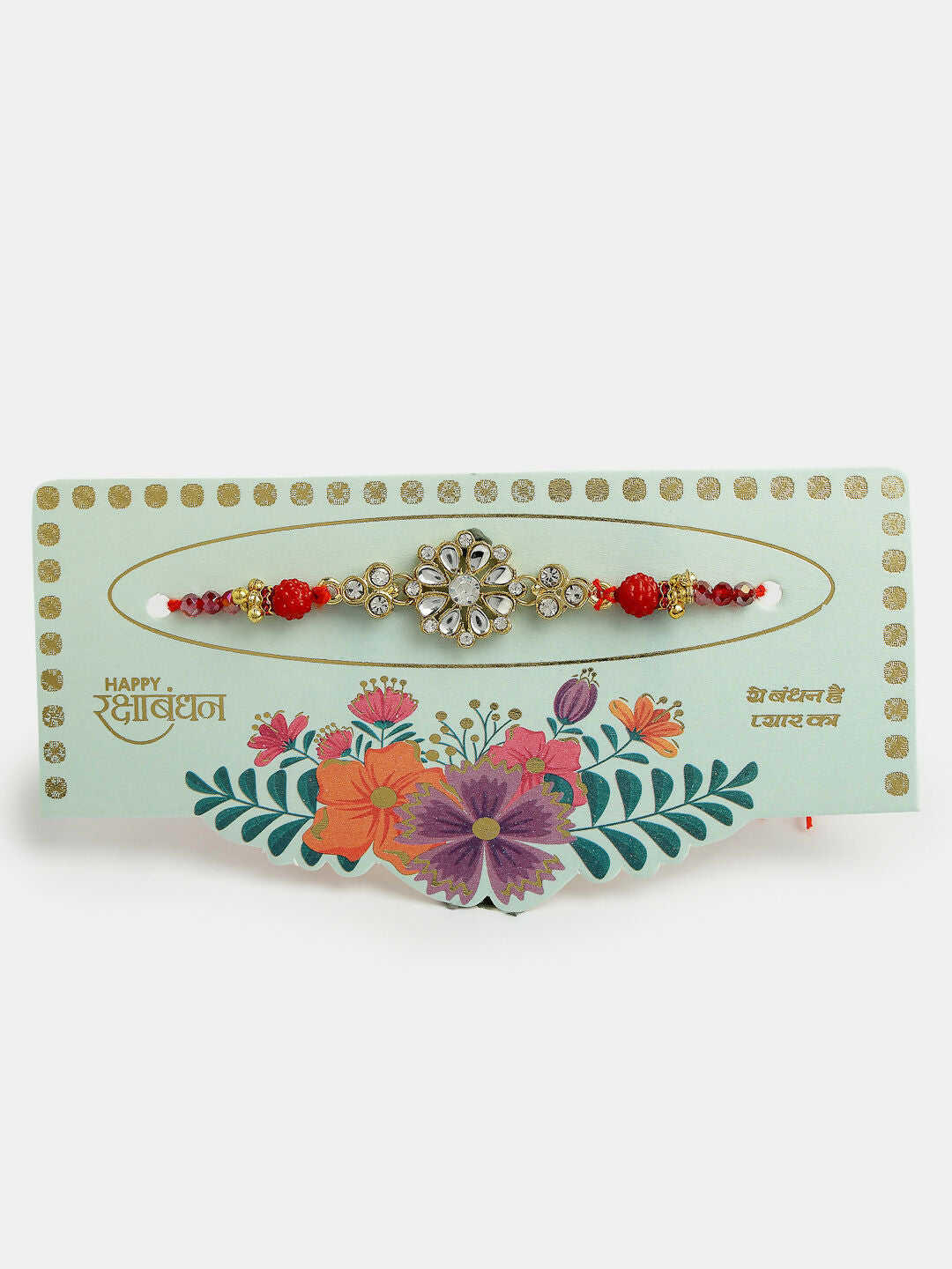 NVR Men Gold-Toned Stone-Studded Rakhi With Roli Chawal
