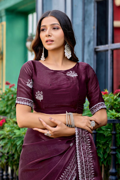 Vastranavya Wine Embroidery Work Shimmer Chiffon Saree with Unstitched Blouse