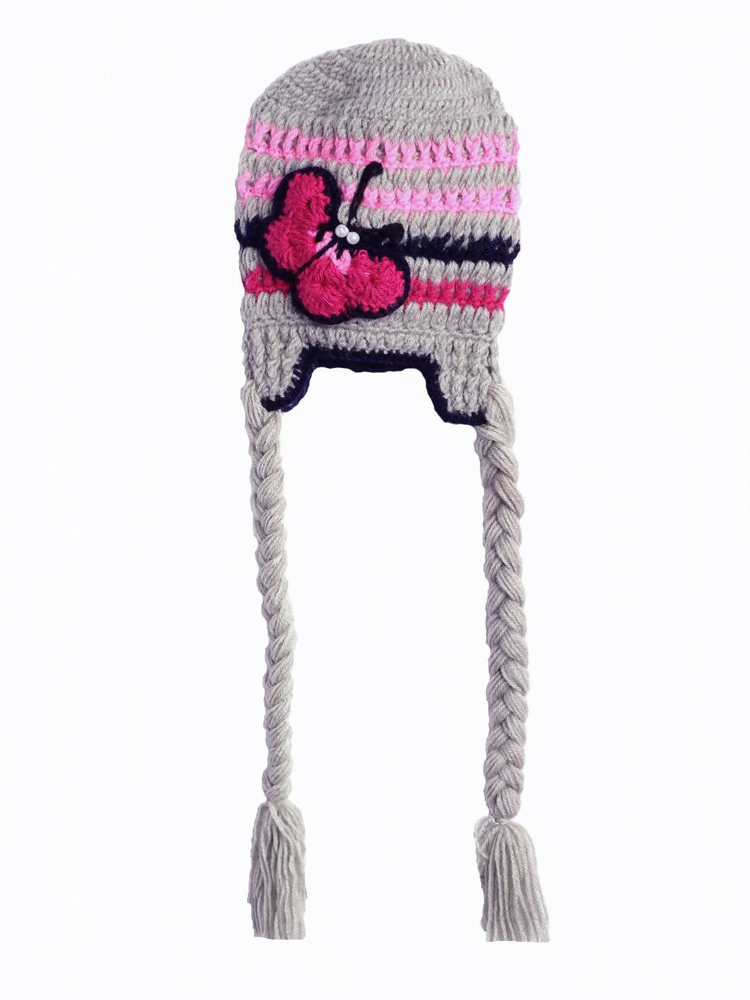 Chutput Kids Woollen Hand Knitted Butterfly Detailed Cap - Grey