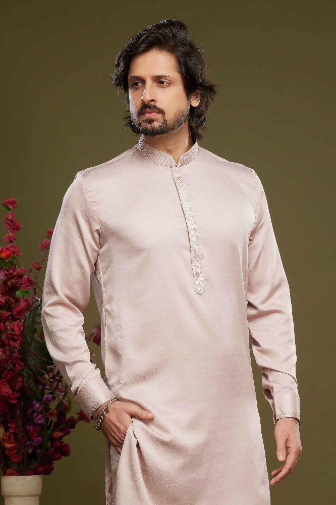 Raivat Ethnic Art Banarasi Silk Thread Work Kurta Pajama In Peach Colour