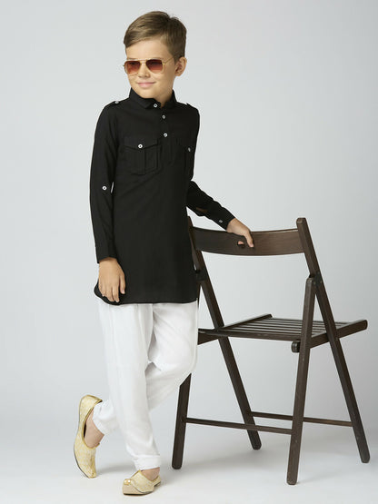 Joban Fashion Kids Island Full Sleeves Cotton Pathani Kurta and Pyjama Set - Black