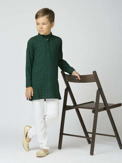 Joban Fashion Kids Island Full Sleeves Cotton Kurta and Pyjama Set with Sequin work - Green
