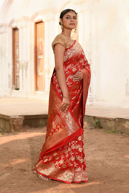 Joban Fashion Red Banarasi Soft Pure Handloom Banarasi Silk Saree