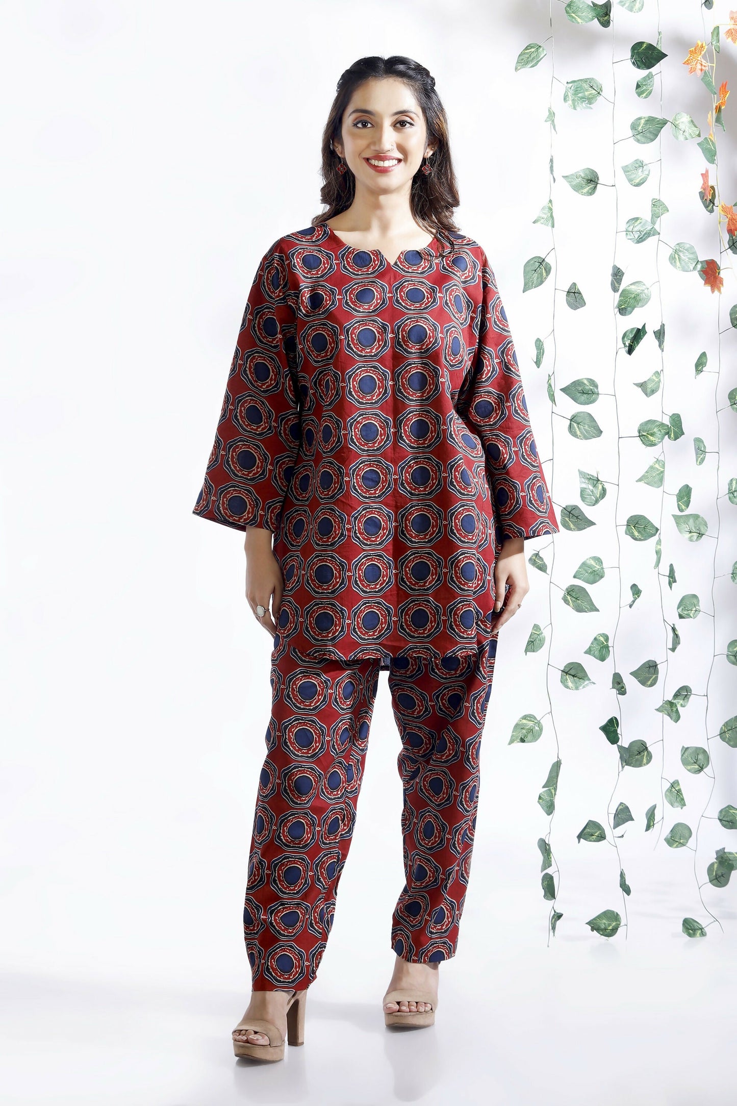 Breathables Abstract Cotton Co-Ord Set – Red