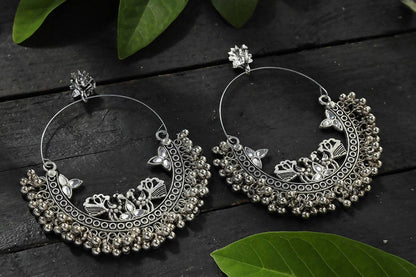 Mominos Fashion Johar Kamal Silver Peacock Design Chandbali Earrings