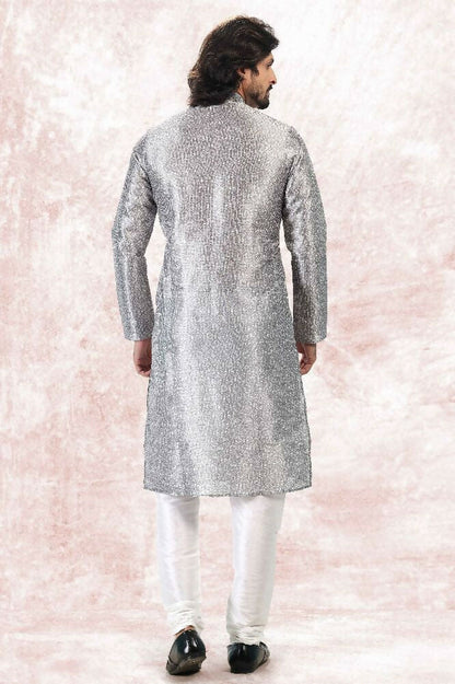 Raivat Ethnic Jacquard Banarasi Silk Digital Print Kurta Pajama In Grey Colour