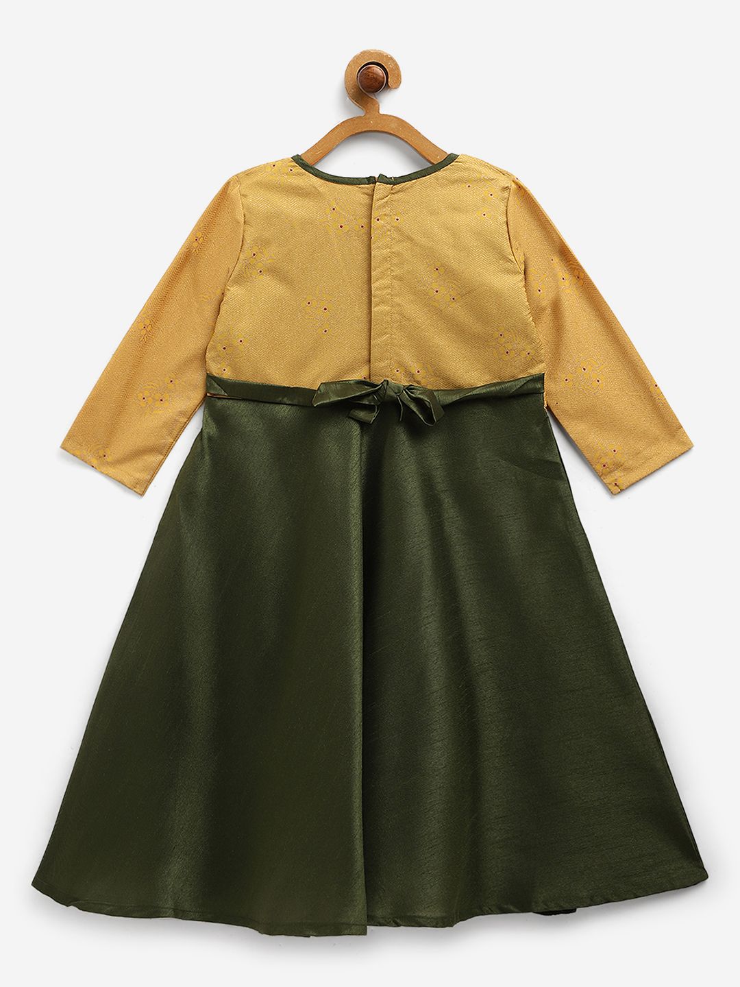 Ahalyaa Girls Green Poly Silk Solid Kids Kurta With Printed Jacket