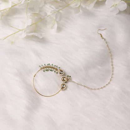 Gold-Polished White Kundan Studded Pearl Beaded Nose Pin - Ruby Raang