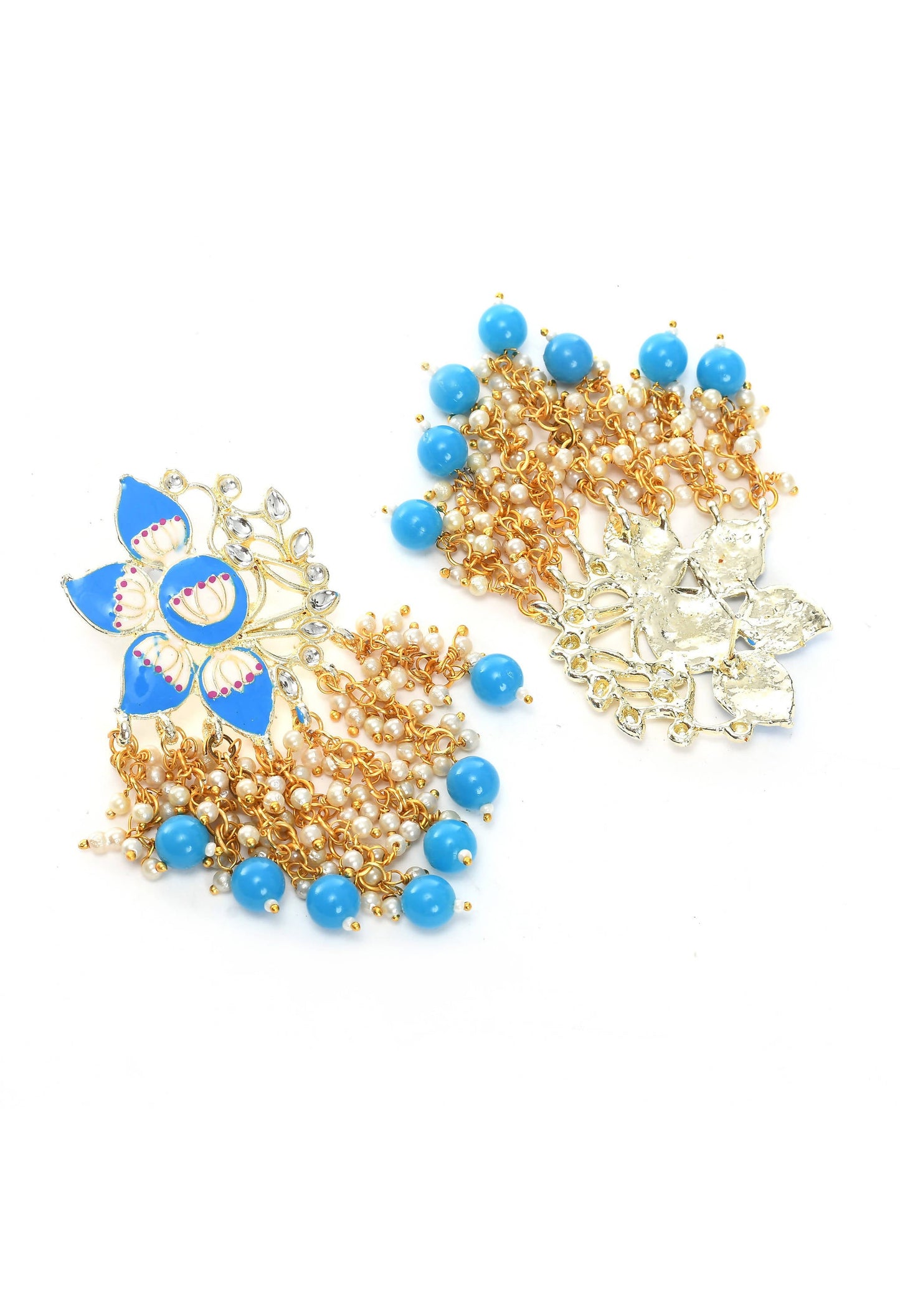 Mominos Fashion Johar Kamal Gold-Polished Kundan Sky Blue Meenakari Earrings