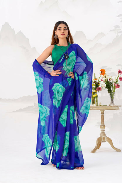 Vastranavya Royal Blue Floral Print with Lace Border work Chiffon Saree & Unstitched Blouse