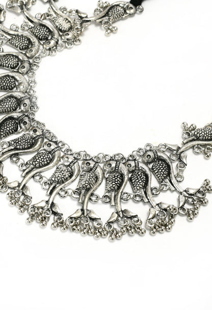 Mominos Fashion Johar Kamal Oxidised Silver-Plated Brass Finish Peacock Choker For Women (Silver)