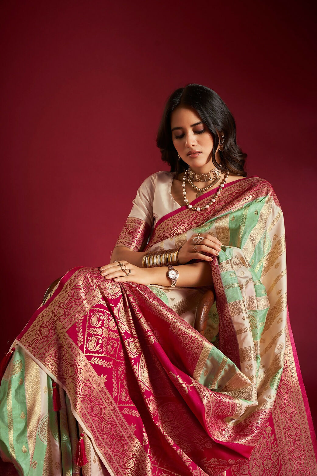 Joban Fashion Cream & Sea Green Plain With Weaving Border Banarasi Silk Sarees