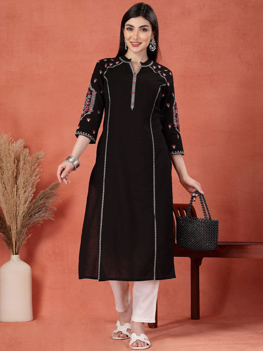 Sangria Floral Embroidered Thread Work Mandarin Collar Pure Cotton Straight Kurta