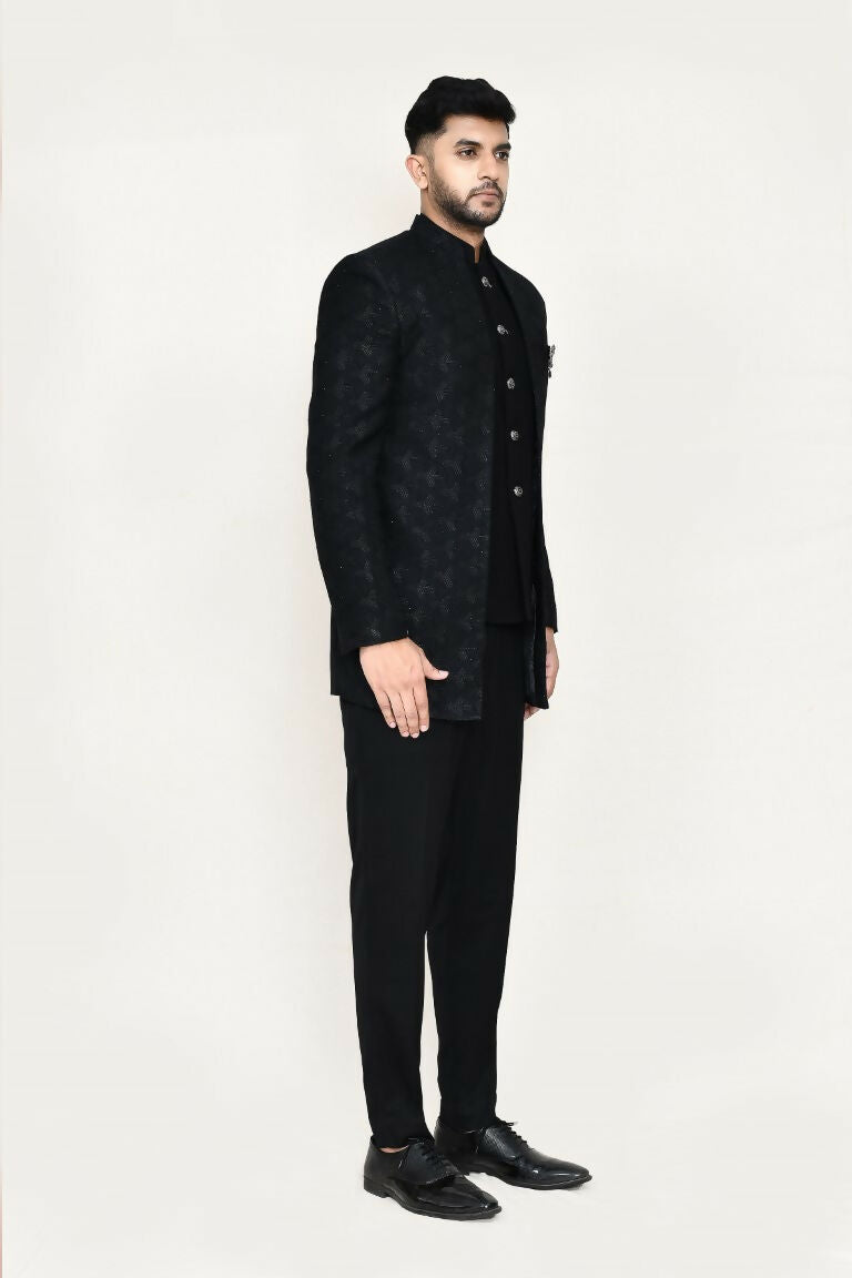 Joban Fashion Black Colored Imported Jacquard Fabric Open Prince Coat, Jacket With Pant