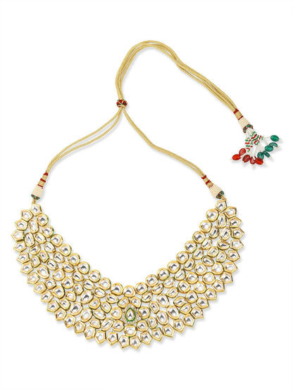 Gold-Polished Maharani Kundan Neckpiece With Earrings And Maang Tikka - Ruby Raang