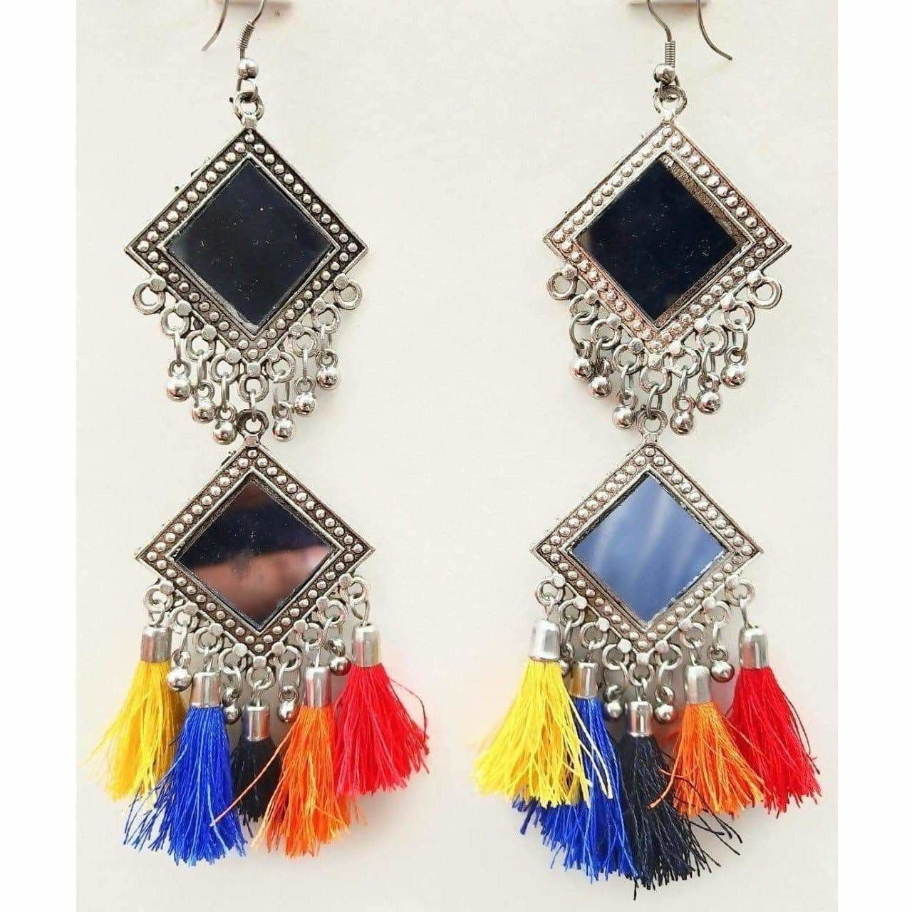 MS Fashion India Long Double Mirror Silver Oxidized Party Wear Earrings For Women And Girls