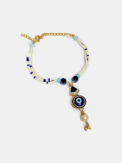 NVR Women & Men Set of 2 Blue Evil Eye Bhaiya Bhabhi Rakhi With Roli Chawal