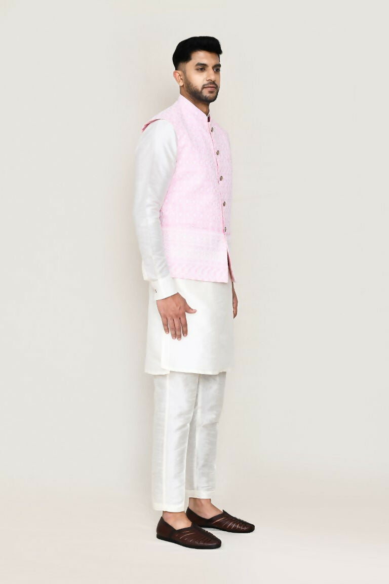 Joban Fashion White Colored Art Silk Fabric Kurta, Jacket With Straight Fit Pant