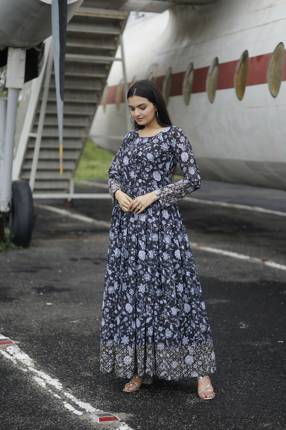 Aayaa Printed Faux Georgette with Embroidery Zari Sequins work Gown - Black