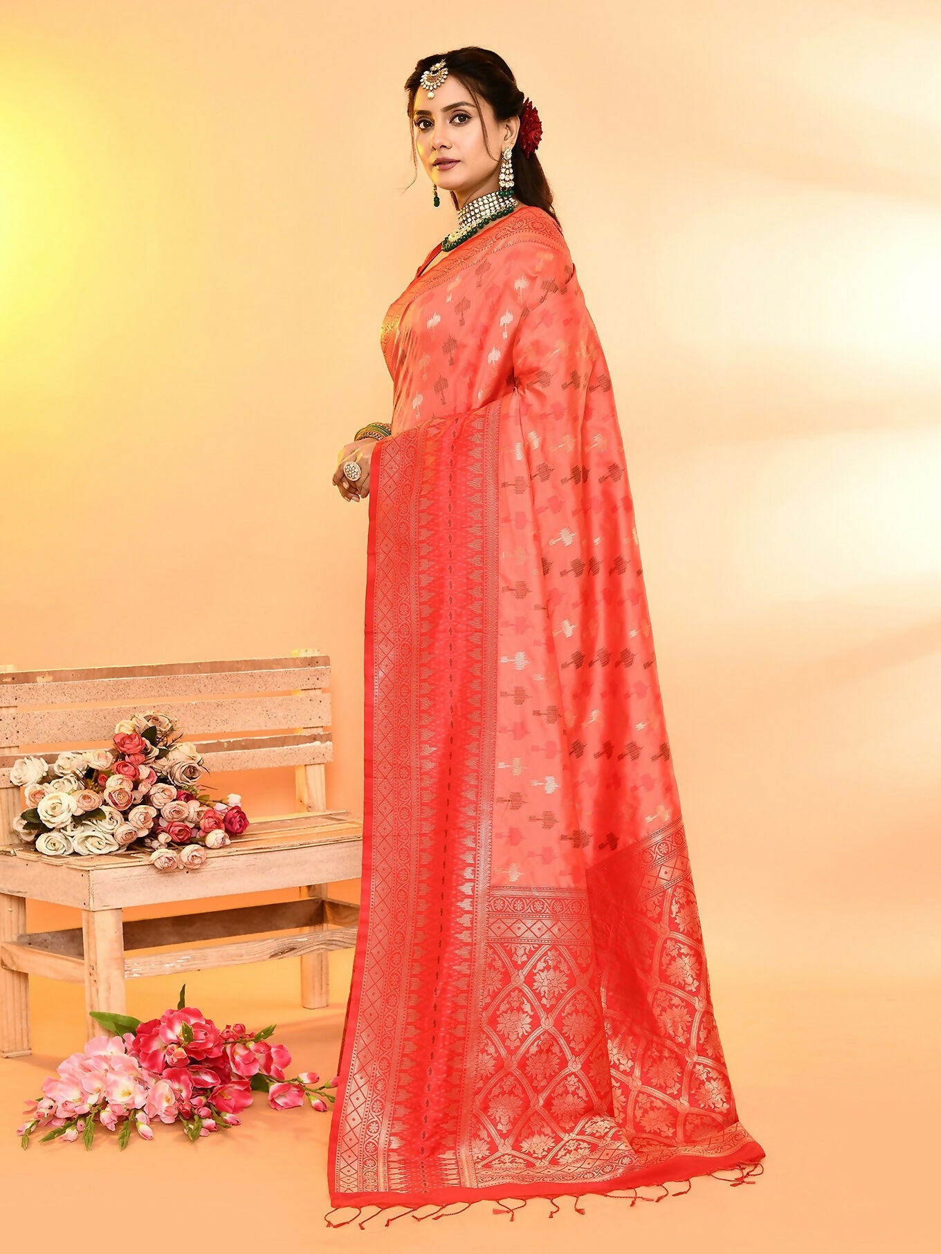 Joban Fashion Peach & Red Plain With Weaving Border Banarasi Silk Sarees