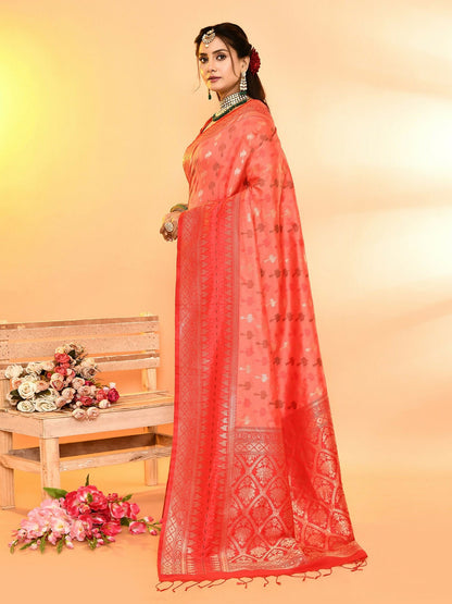 Joban Fashion Peach & Red Plain With Weaving Border Banarasi Silk Sarees